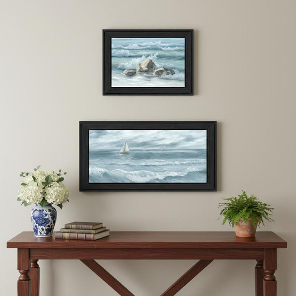 HomeRoots Set of Two Black Framed Wall Art Prints - "Steadfast in the Waves" for a Coastal Serenity Look 568592
