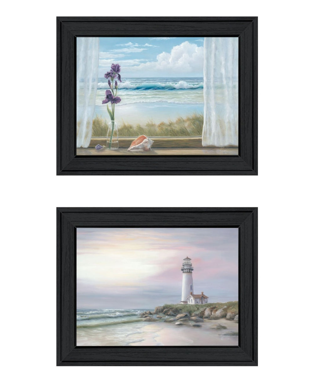 HomeRoots Set of Two Lighthouse at Sunset Framed Wall Art Prints - Coastal Charm for Modern Décor Spaces 568600