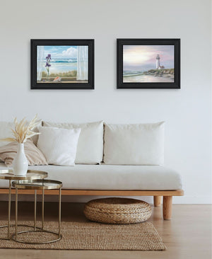 HomeRoots Set of Two Lighthouse at Sunset Framed Wall Art Prints - Coastal Charm for Modern Décor Spaces 568600