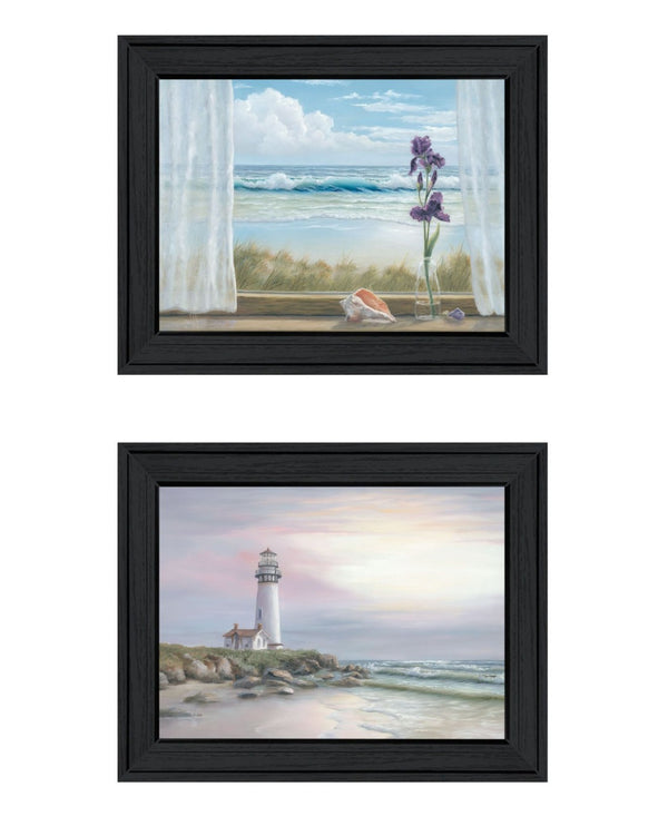 HomeRoots Set of Two Lighthouse at Sunset Framed Wall Art Prints - Coastal Charm for Modern Décor Spaces 568600