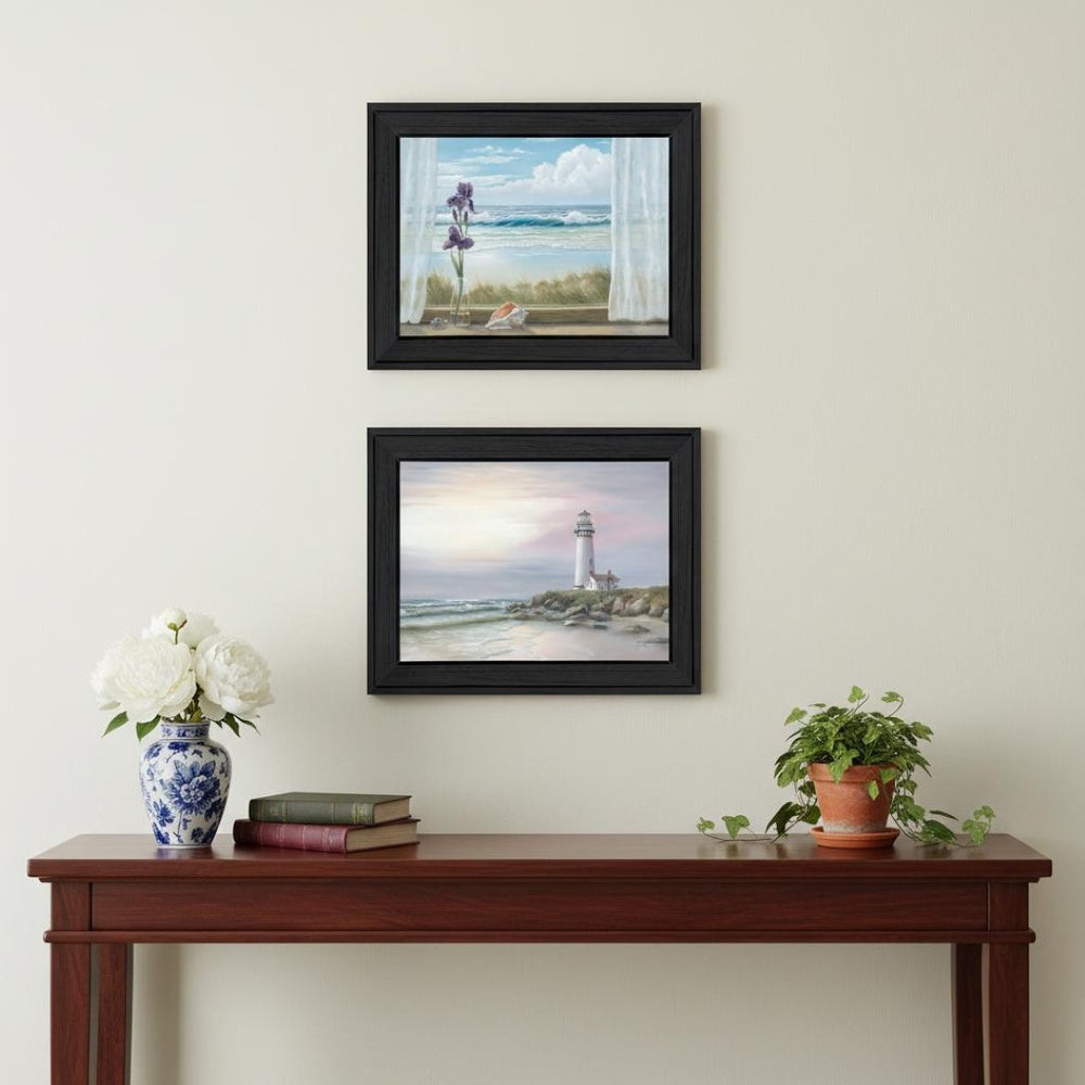 HomeRoots Set of Two Lighthouse at Sunset Framed Wall Art Prints - Coastal Charm for Modern Décor Spaces 568600