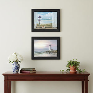 HomeRoots Set of Two Lighthouse at Sunset Framed Wall Art Prints - Coastal Charm for Modern Décor Spaces 568600