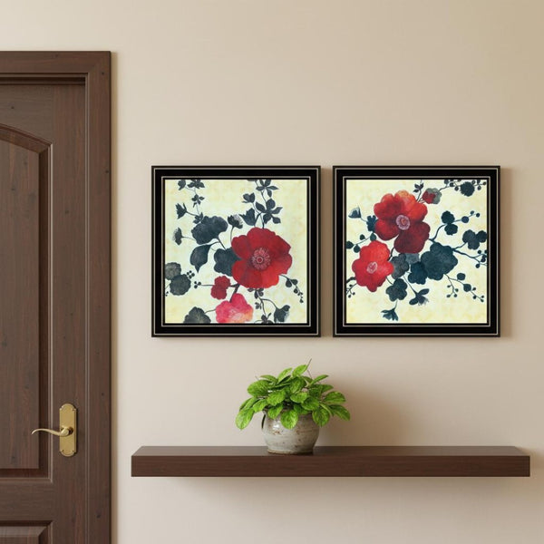 HomeRoots Set of Two Japanese Blossoms Wall Art Prints in Black Frames – Modern Floral Decor for Any Space 568606