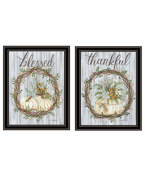 HomeRoots Set of Two Modern Thankful and Blessed Fall Wall Art Prints in Sleek Black Frames for Home Decor 568616