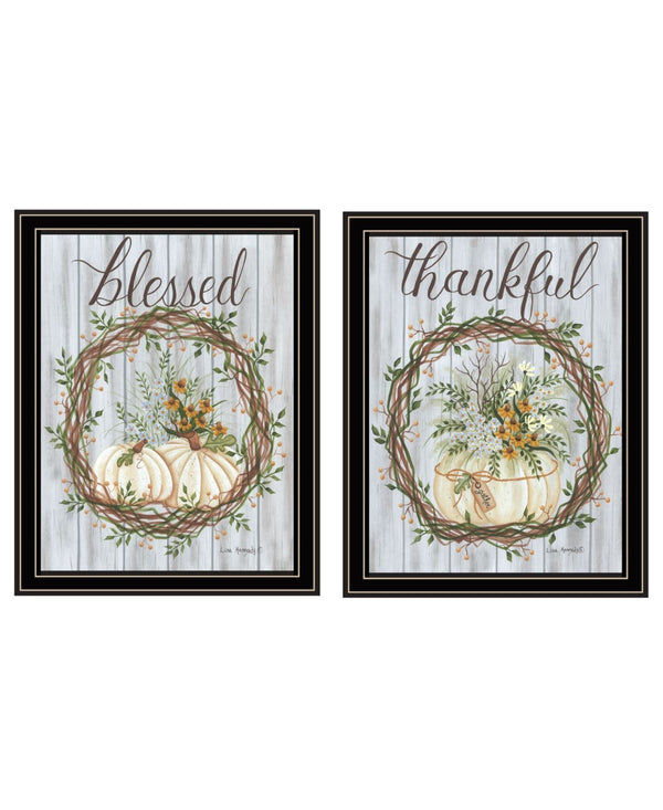 HomeRoots Set of Two Modern Thankful and Blessed Fall Wall Art Prints in Sleek Black Frames for Home Decor 568616