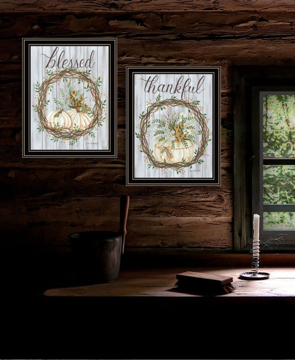 HomeRoots Set of Two Modern Thankful and Blessed Fall Wall Art Prints in Sleek Black Frames for Home Decor 568616