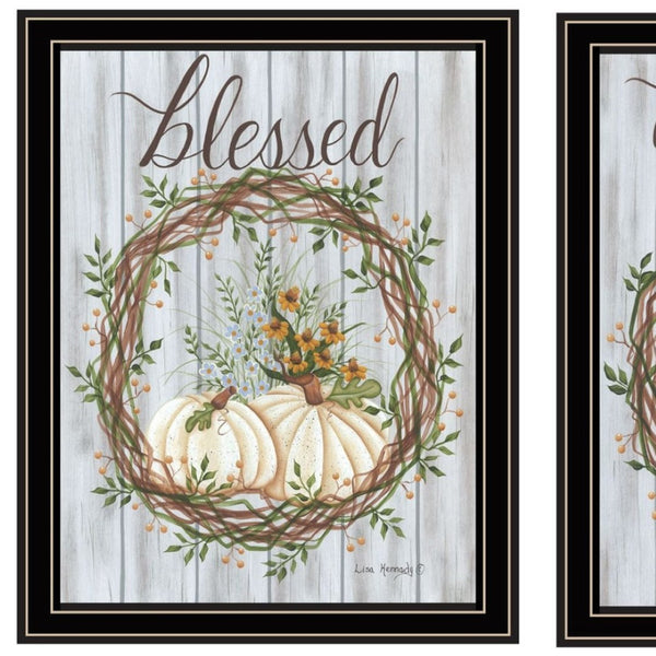 HomeRoots Set of Two Modern Thankful and Blessed Fall Wall Art Prints in Sleek Black Frames for Home Decor 568616