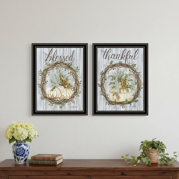 HomeRoots Set of Two Modern Thankful and Blessed Fall Wall Art Prints in Sleek Black Frames for Home Decor 568616