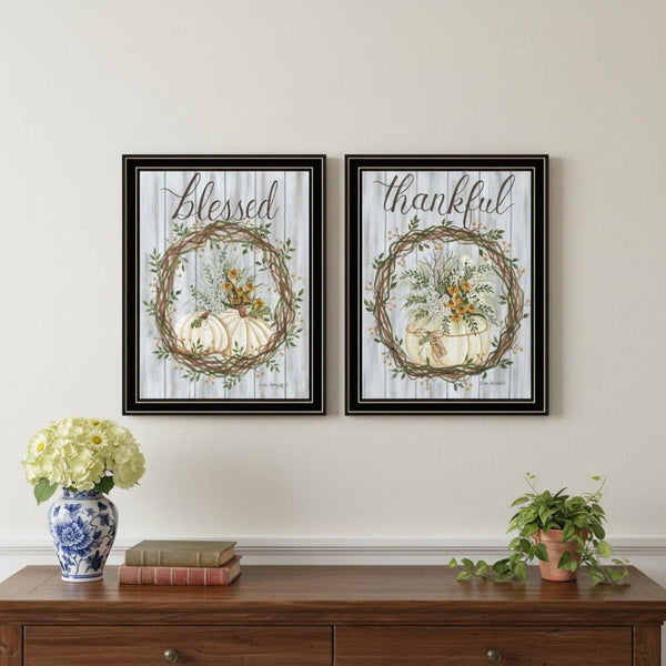 HomeRoots Set of Two Modern Thankful and Blessed Fall Wall Art Prints in Sleek Black Frames for Home Decor 568616