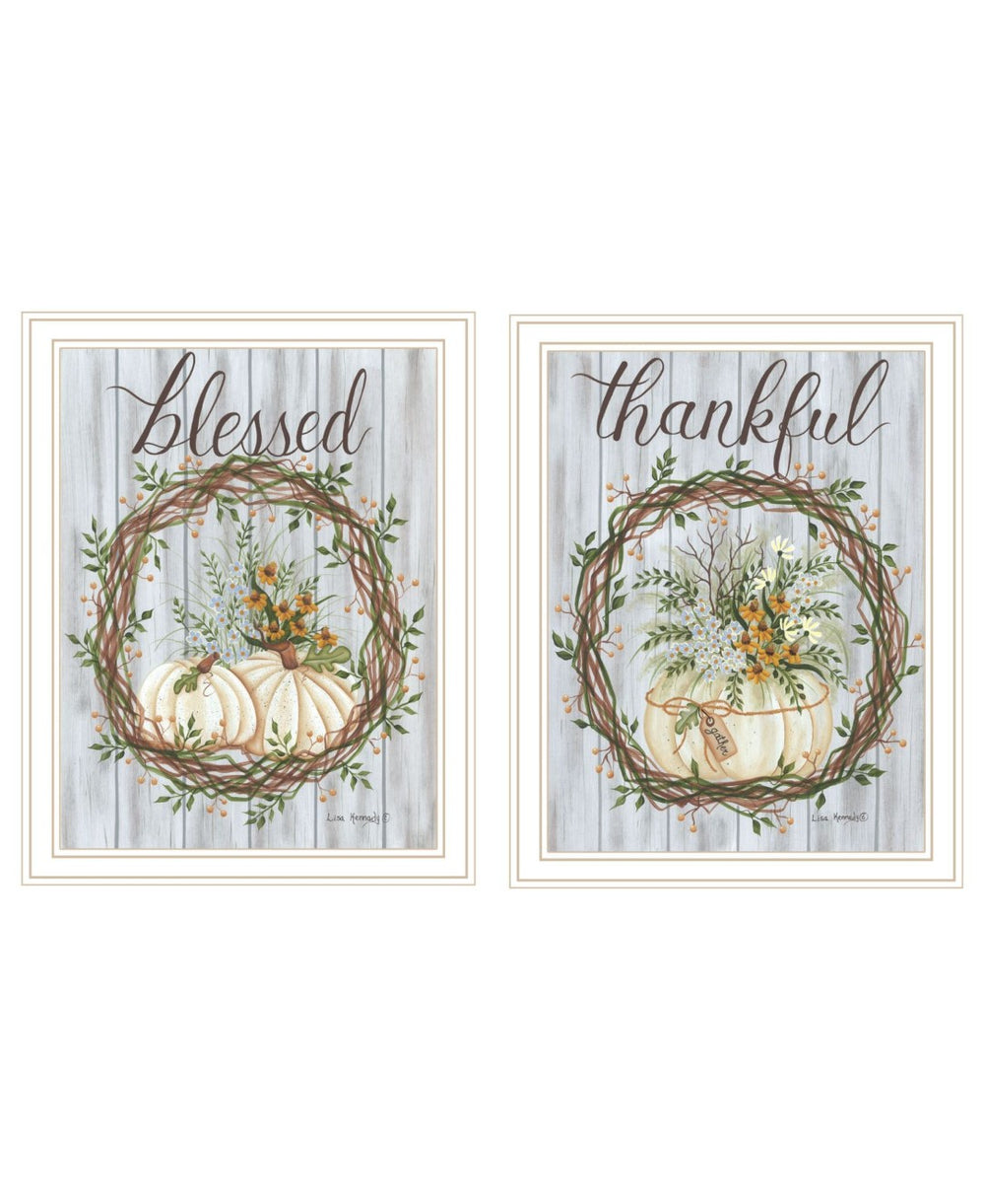 HomeRoots Set of Two Thankful & Blessed Wall Art Prints in White Frames - Fall Decor for Home Elegance 568617