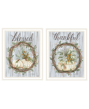 HomeRoots Set of Two Thankful & Blessed Wall Art Prints in White Frames - Fall Decor for Home Elegance 568617