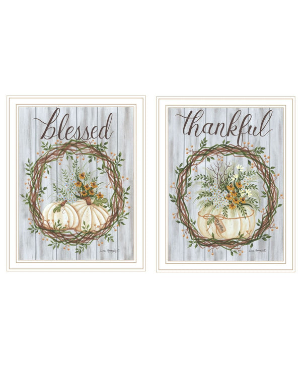 HomeRoots Set of Two Thankful & Blessed Wall Art Prints in White Frames - Fall Decor for Home Elegance 568617