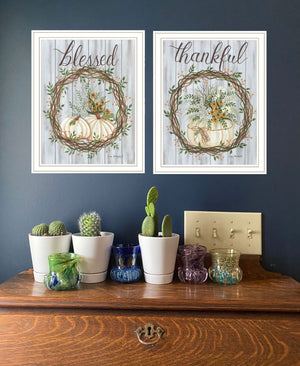 HomeRoots Set of Two Thankful & Blessed Wall Art Prints in White Frames - Fall Decor for Home Elegance 568617