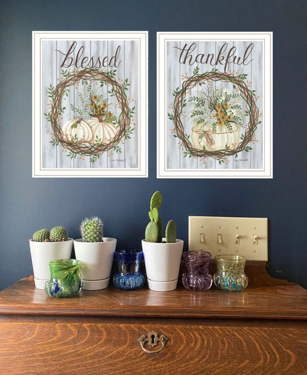 HomeRoots Set of Two Thankful & Blessed Wall Art Prints in White Frames - Fall Decor for Home Elegance 568617
