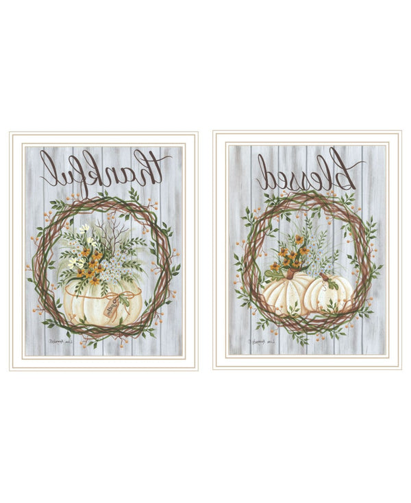 HomeRoots Set of Two Thankful & Blessed Wall Art Prints in White Frames - Fall Decor for Home Elegance 568617