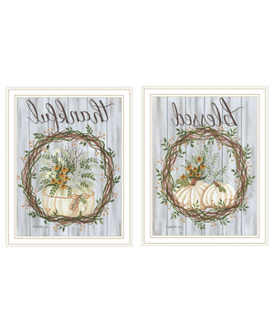 HomeRoots Set of Two Thankful & Blessed Wall Art Prints in White Frames - Fall Decor for Home Elegance 568617