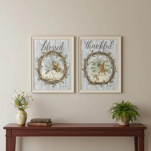 HomeRoots Set of Two Thankful & Blessed Wall Art Prints in White Frames - Fall Decor for Home Elegance 568617