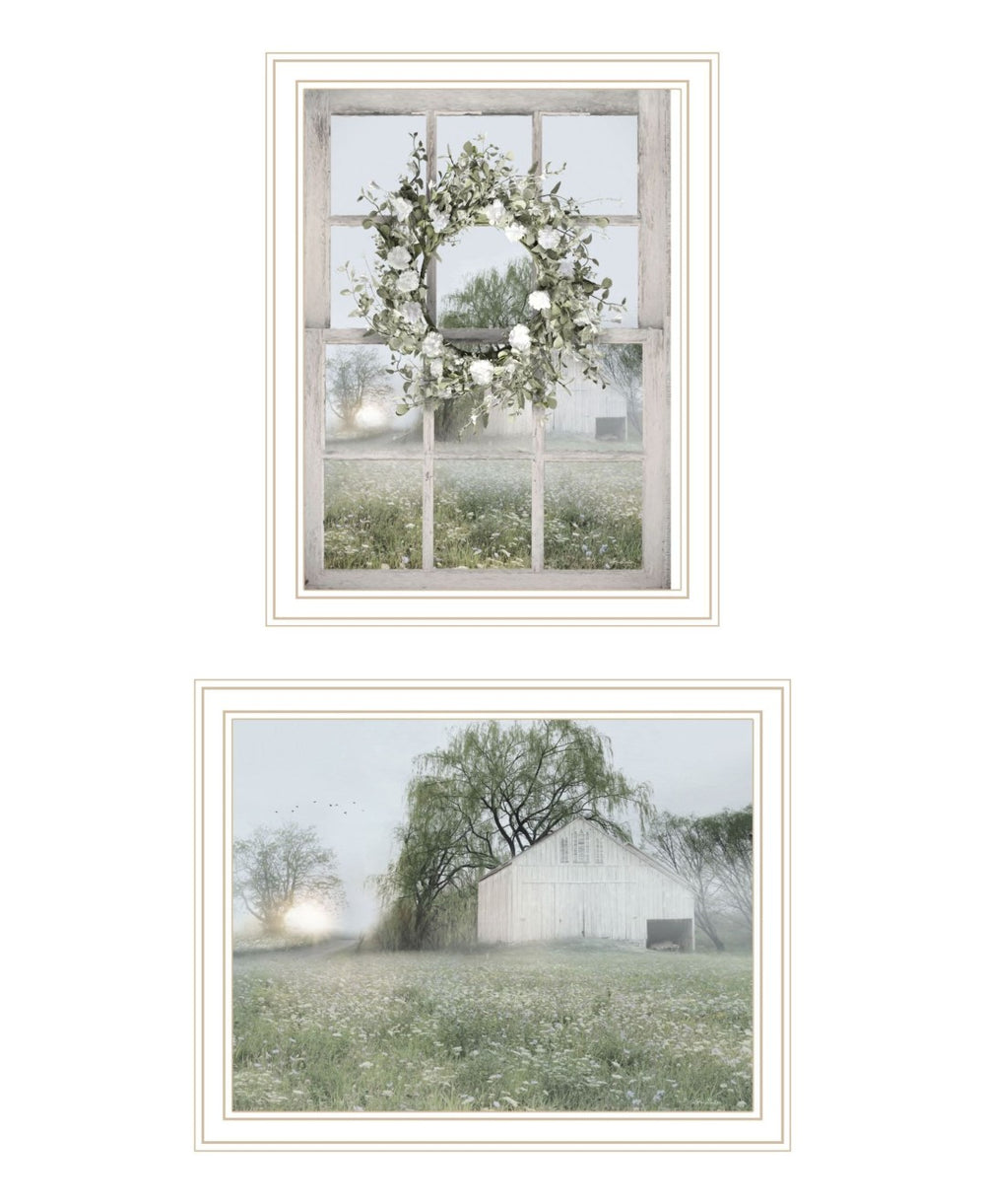 HomeRoots Set of Two Green Country Morning Wall Art Prints in Elegant White Frames for Timeless Decor 568627