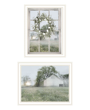 HomeRoots Set of Two Green Country Morning Wall Art Prints in Elegant White Frames for Timeless Decor 568627