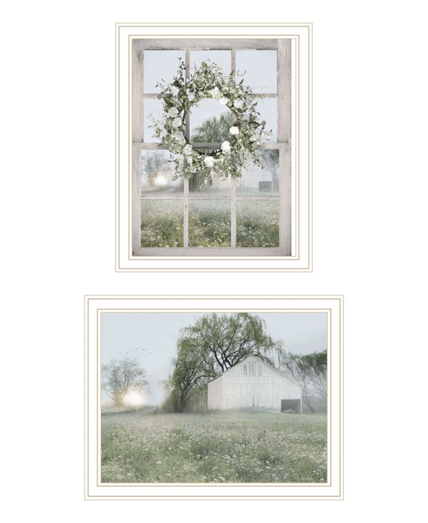 HomeRoots Set of Two Green Country Morning Wall Art Prints in Elegant White Frames for Timeless Decor 568627