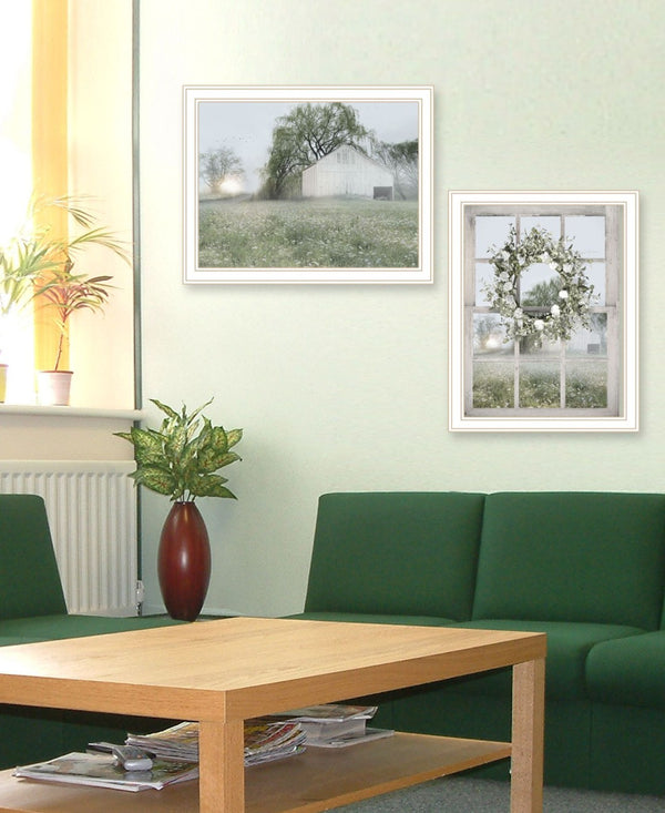 HomeRoots Set of Two Green Country Morning Wall Art Prints in Elegant White Frames for Timeless Decor 568627