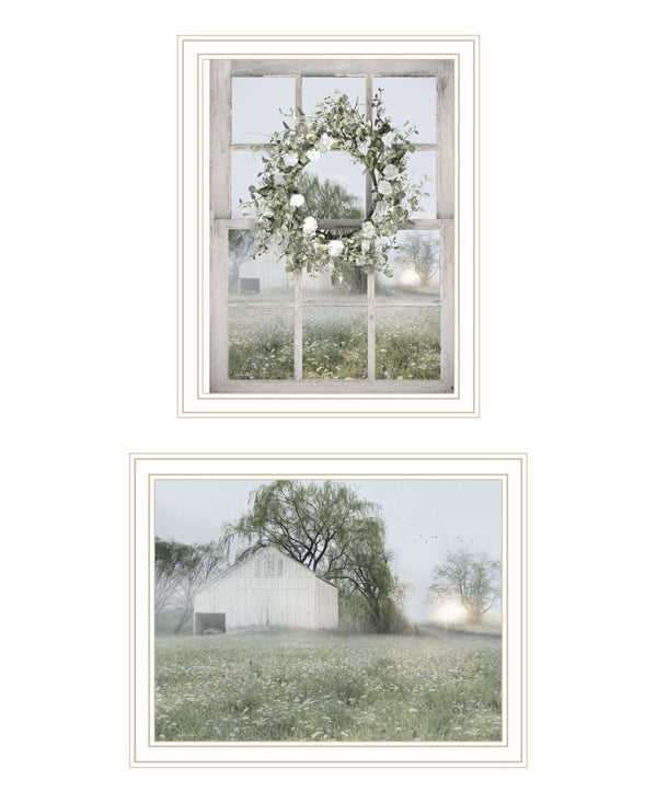 HomeRoots Set of Two Green Country Morning Wall Art Prints in Elegant White Frames for Timeless Decor 568627