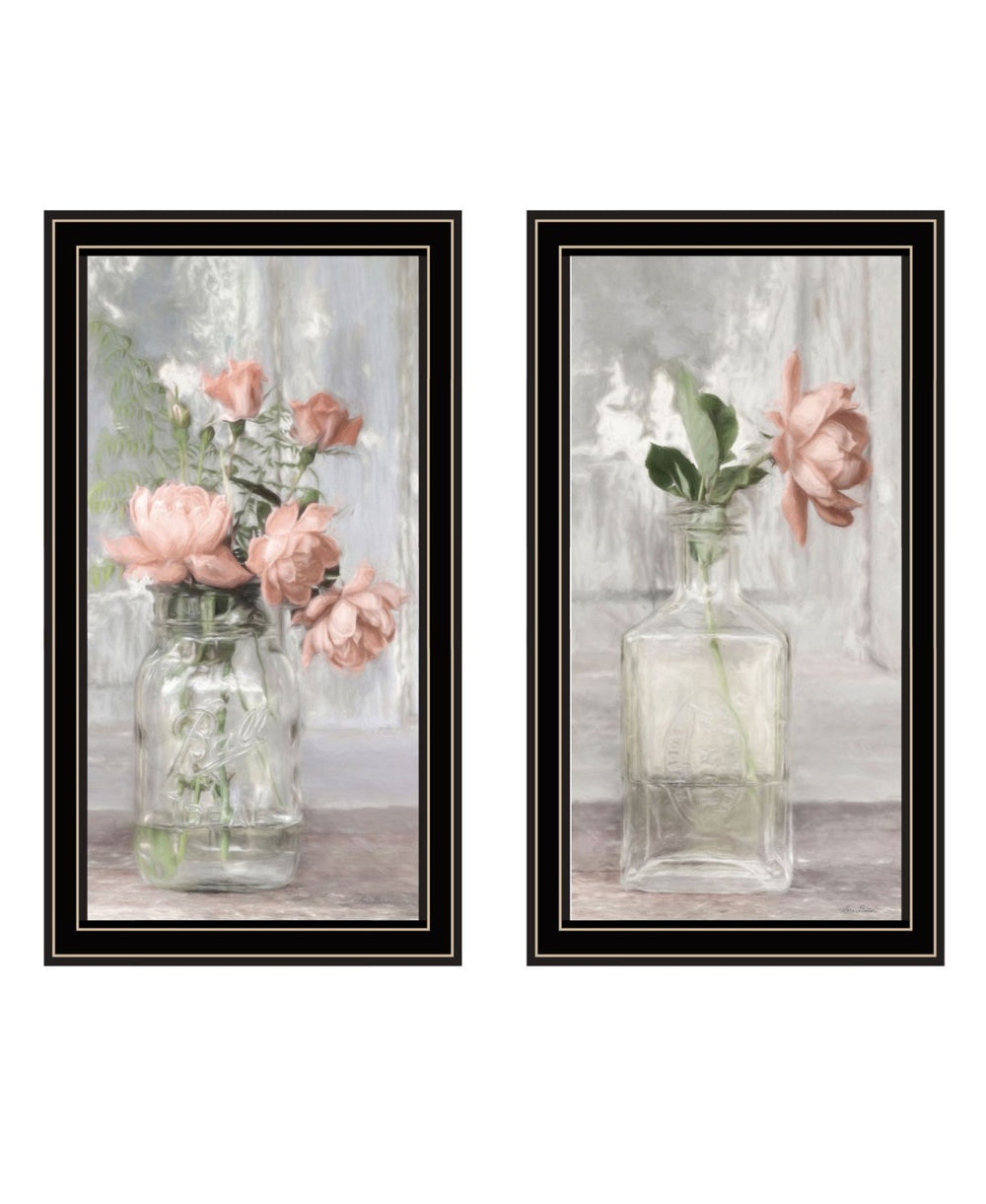 HomeRoots Set of Two Elegant Peach Rose Black Framed Wall Art – Timeless Cottage Charm for Home Decor 568629