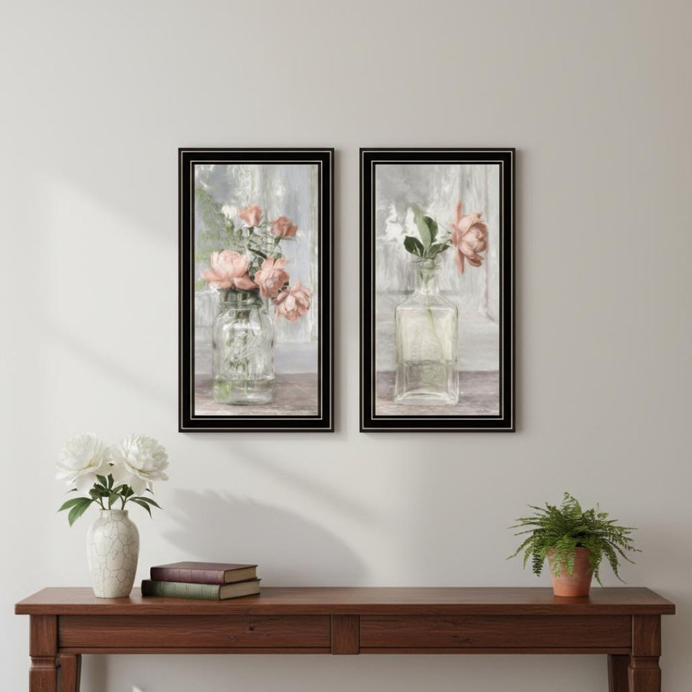 HomeRoots Set of Two Elegant Peach Rose Black Framed Wall Art – Timeless Cottage Charm for Home Decor 568629