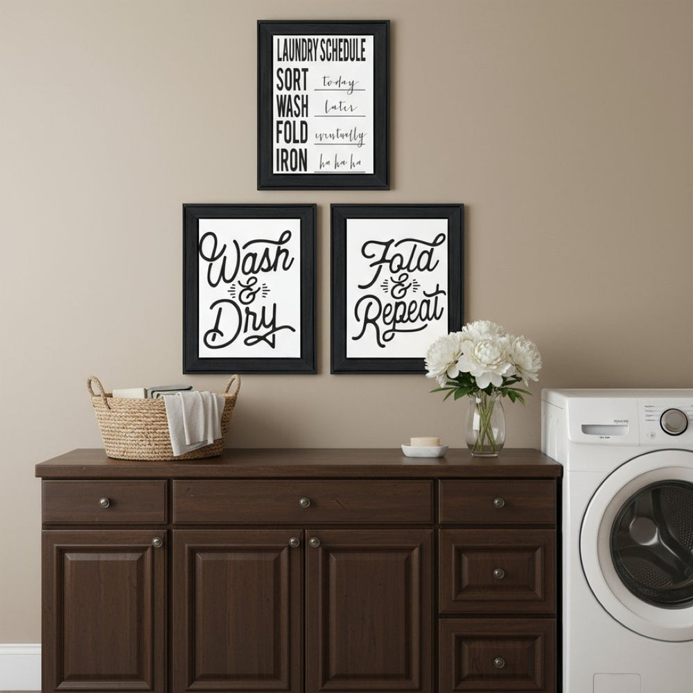 HomeRoots Set of Three Stylish Laundry Room Wall Art Prints in Black Frames – Transform Your Space Today! 568633