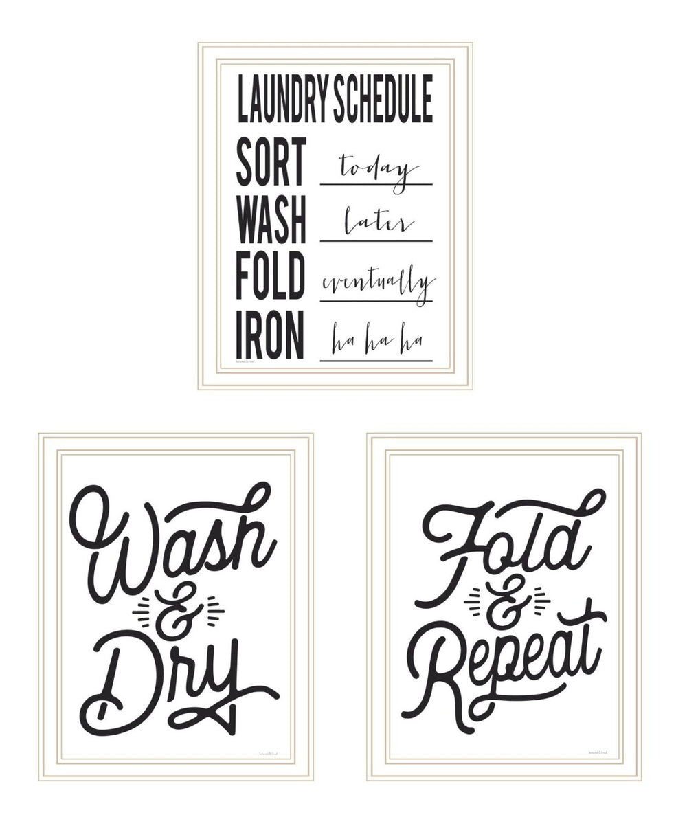 HomeRoots Set of Three Stylish Laundry Schedule Prints in White Frames - Chic Wall Art for Your Laundry Room 568635