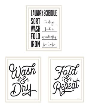 HomeRoots Set of Three Stylish Laundry Schedule Prints in White Frames - Chic Wall Art for Your Laundry Room 568635