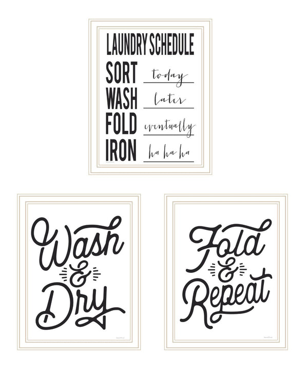 HomeRoots Set of Three Stylish Laundry Schedule Prints in White Frames - Chic Wall Art for Your Laundry Room 568635