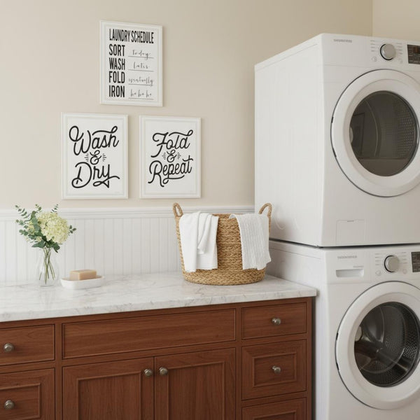 HomeRoots Set of Three Stylish Laundry Schedule Prints in White Frames - Chic Wall Art for Your Laundry Room 568635
