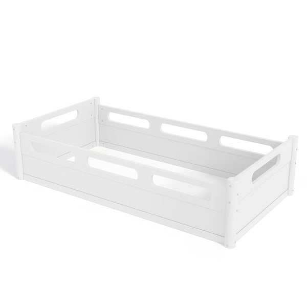 English Elm Twin Low Profile Floor Bed with Guardrails Pine Wood Frame Minimalist Bedroom White W1580P438763