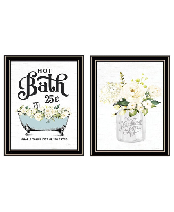 HomeRoots Set of Two Elegant Black Framed Bathroom Wall Art Prints Featuring Spa-Themed Hot Bath & Soap Decor 568646