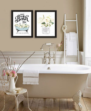 HomeRoots Set of Two Elegant Black Framed Bathroom Wall Art Prints Featuring Spa-Themed Hot Bath & Soap Decor 568646