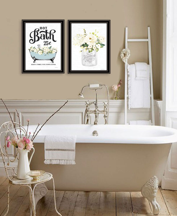 HomeRoots Set of Two Elegant Black Framed Bathroom Wall Art Prints Featuring Spa-Themed Hot Bath & Soap Decor 568646