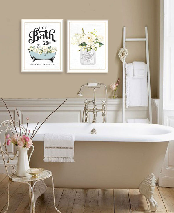HomeRoots Set of Two Framed Bathroom Wall Art Prints - Spa-Inspired Hot Bath & Homemade Soap Decor 568647