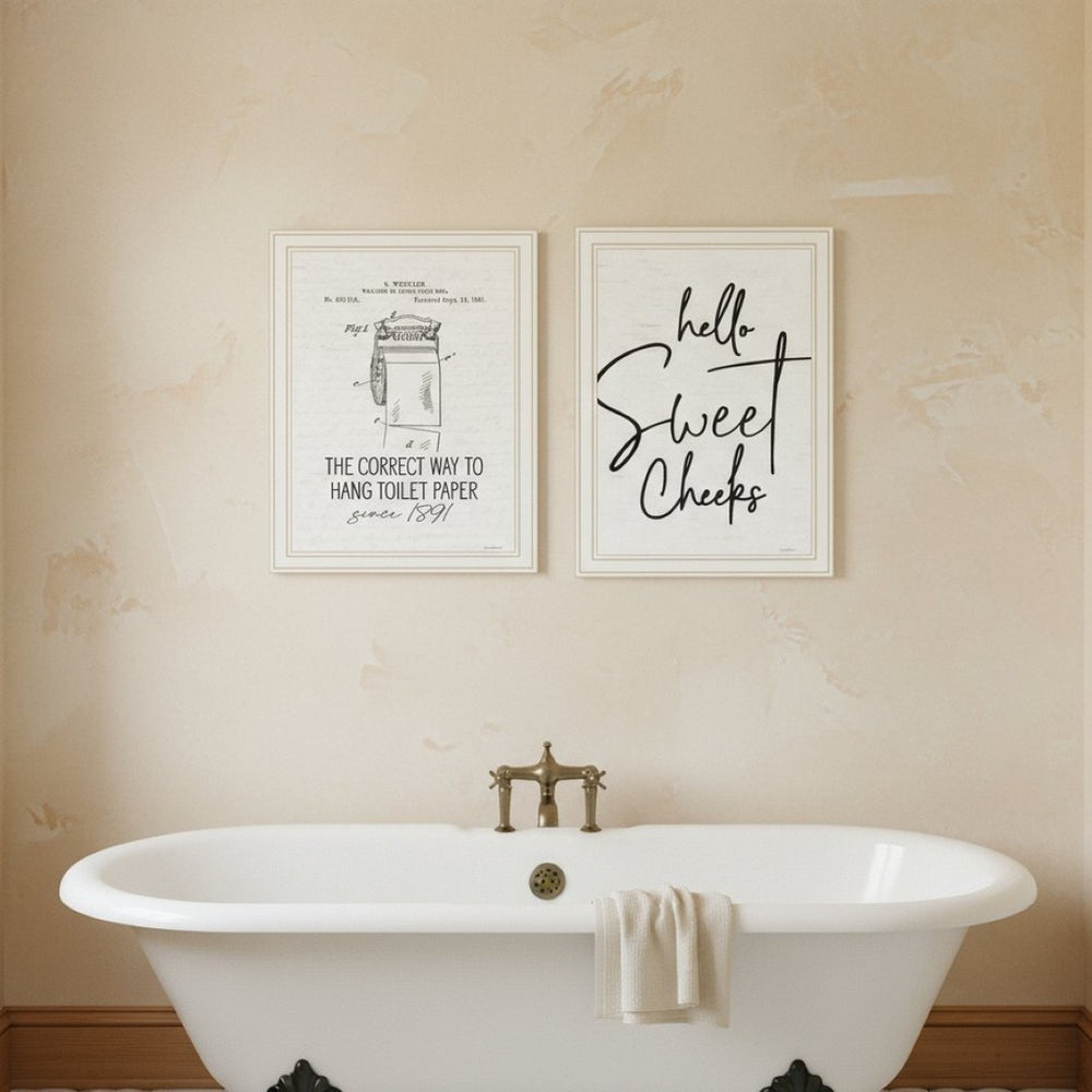 HomeRoots Set of Two Framed Bathroom Wall Art - Whimsical Toilet Paper Hanging Prints for Modern Decor 568649
