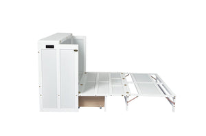 English Elm Murphy Cabinet Queen Bed Solid Pine Frame with Built-in Charging Station for Guest Rooms White W504S00164