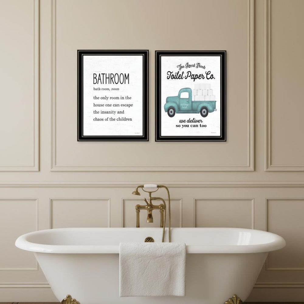 HomeRoots Set of Two Charming Black Framed Bathroom Wall Art Prints - Vintage Style Decor for Your Home 568650
