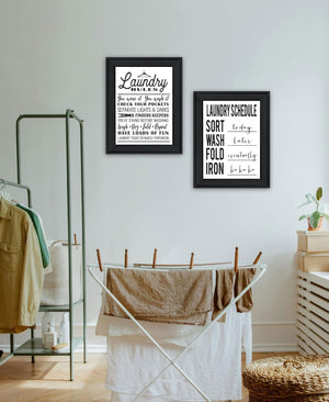 HomeRoots Set Of Two Stylish Laundry Rules & Schedules Wall Art in Black Frames for Modern Spaces 568659