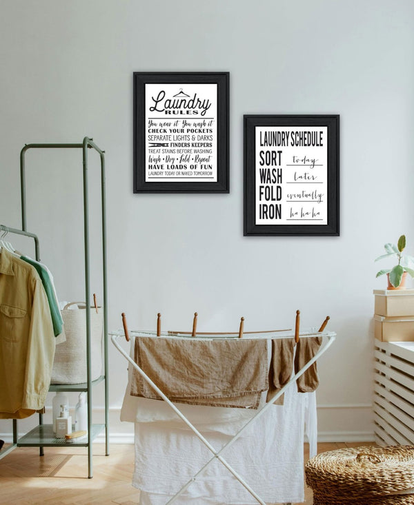 HomeRoots Set Of Two Stylish Laundry Rules & Schedules Wall Art in Black Frames for Modern Spaces 568659