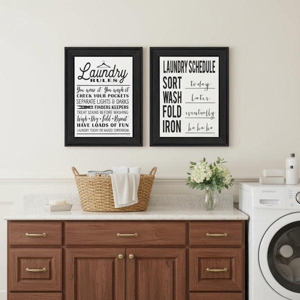 HomeRoots Set Of Two Stylish Laundry Rules & Schedules Wall Art in Black Frames for Modern Spaces 568659
