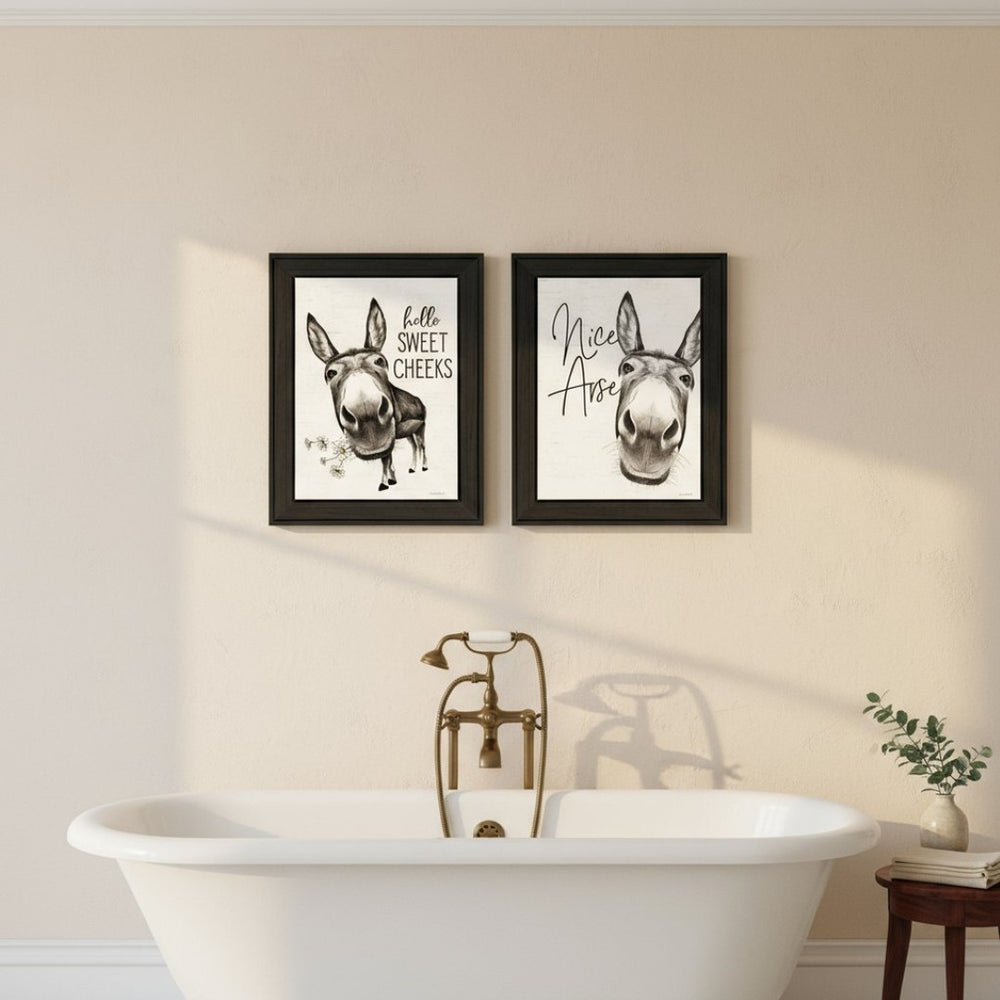 HomeRoots Set of Two Hello Sweet Cheeks! Framed Bathroom Wall Art – Playful Decor for a Chic Touch! 568674