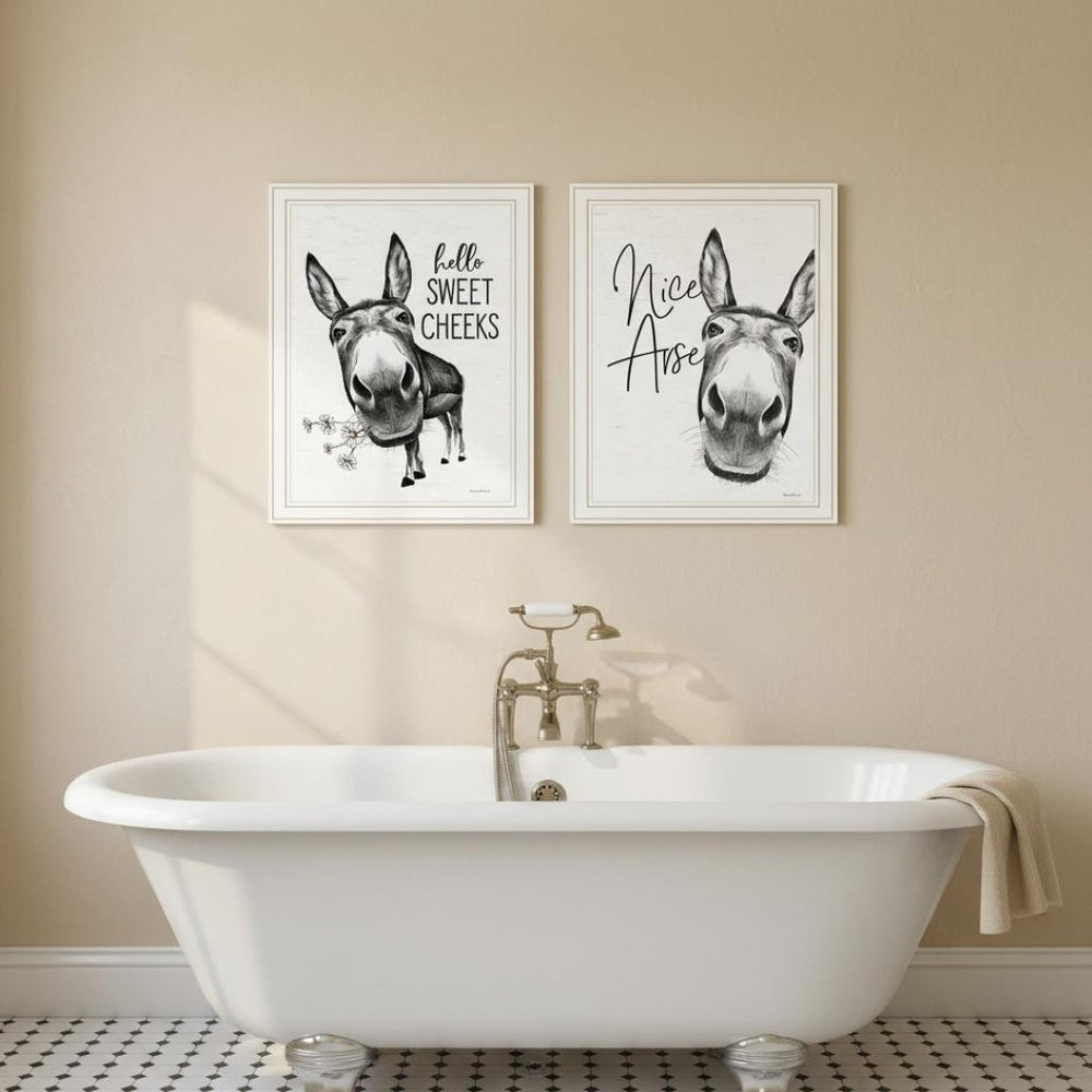 HomeRoots Set of Two Stylish Black Framed Bathroom Prints - Chic Hello Sweet Cheeks! Wall Art Decor 568677
