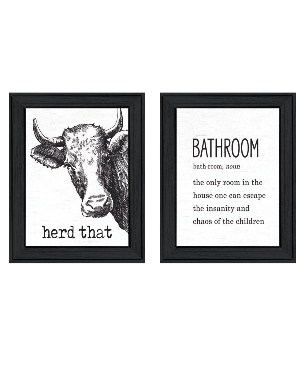 HomeRoots Set of Two HERD THAT! Black Framed Bathroom Prints - Modern Wall Art for Contemporary Spaces 568678