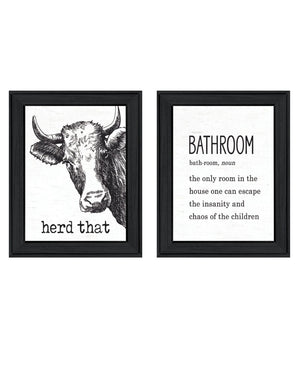 HomeRoots Set of Two HERD THAT! Black Framed Bathroom Prints - Modern Wall Art for Contemporary Spaces 568678