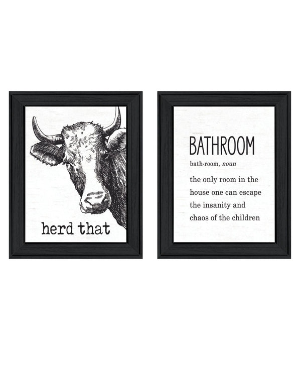 HomeRoots Set of Two HERD THAT! Black Framed Bathroom Prints - Modern Wall Art for Contemporary Spaces 568678