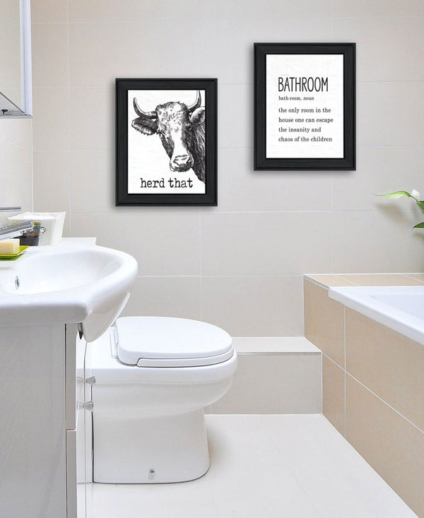 HomeRoots Set of Two HERD THAT! Black Framed Bathroom Prints - Modern Wall Art for Contemporary Spaces 568678